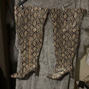 JustFab Cream and Black Over the Knee Boots